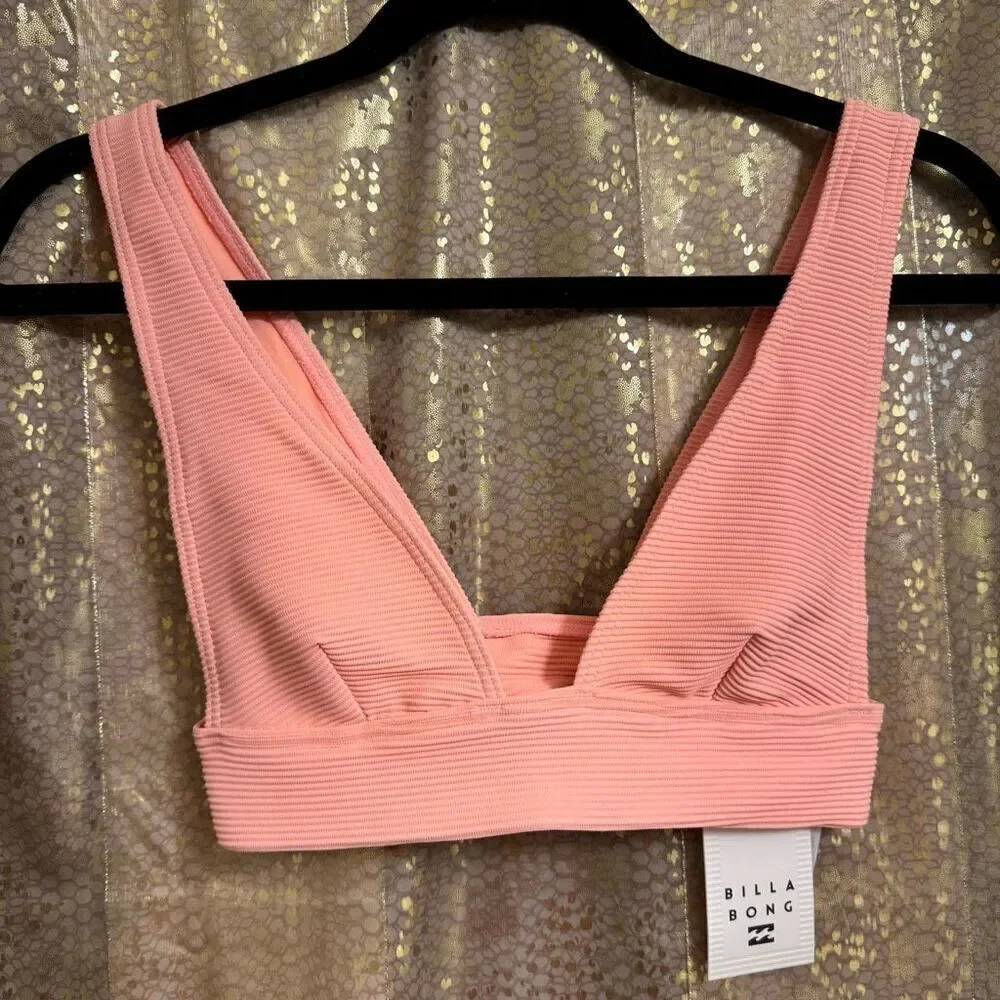 Billabong Tanlines Remi Plunge Ribbed Peach Tart Bikini Top Med NWT